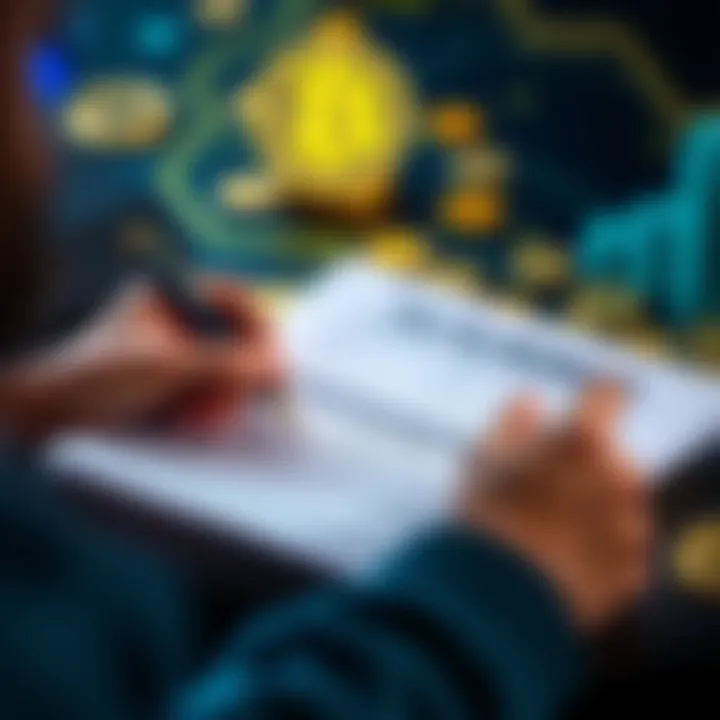 Crypto Tax Compliance A person filling out tax forms with cryptocurrency symbols in the background, showing the importance of reporting gains.