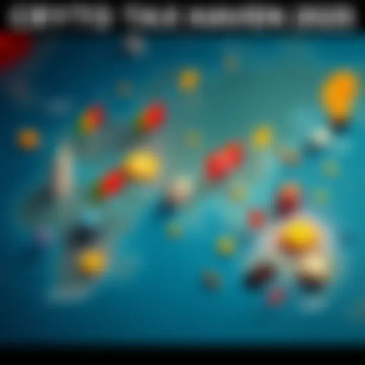 Map highlighting top crypto tax havens like Portugal, Dubai, and Switzerland with symbols of finance and technology