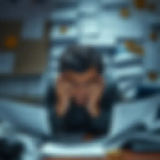 A stressed person surrounded by tax documents and crypto wallets, showing frustration while trying to manage finances.