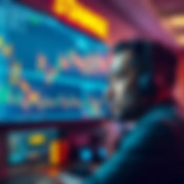 A worried trader staring at a computer screen displaying falling cryptocurrency charts, symbolizing a significant financial loss.