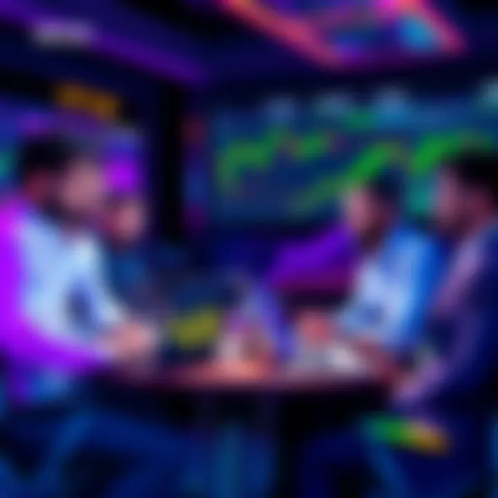 A group of traders gathered around a table discussing cryptocurrency investment strategies, with charts and laptops in front of them.