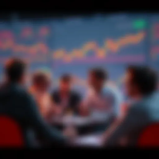 A group of people engaging in a lively discussion about cryptocurrency trading with charts and graphs displayed in the background