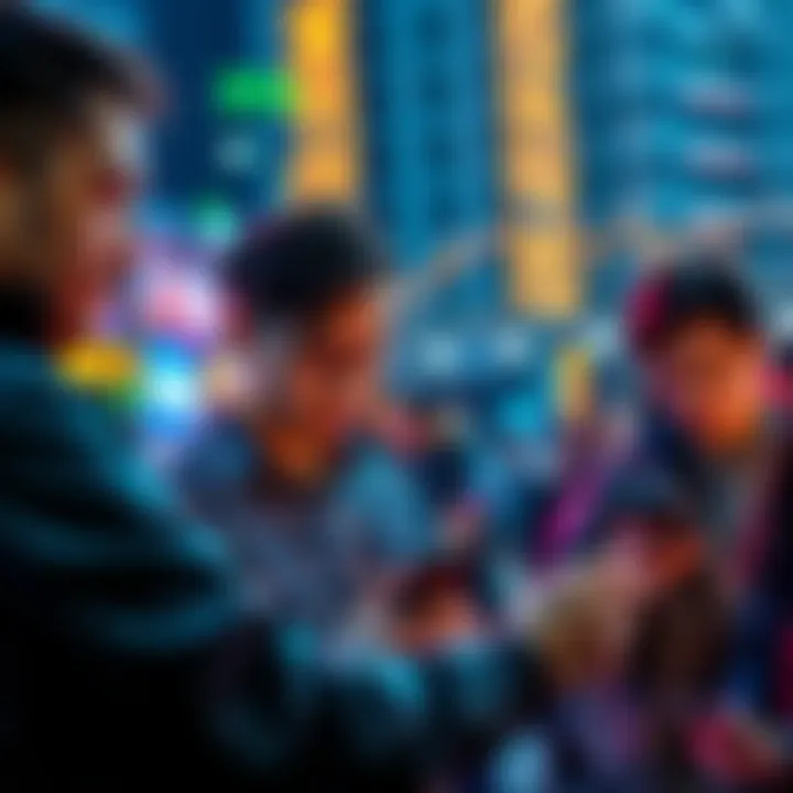 People trading cryptocurrency A group of individuals engaging in cryptocurrency trading on their devices, analyzing market trends and making decisions on selling their assets