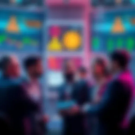 A group of diverse traders discussing crypto strategies with caution signs in the background