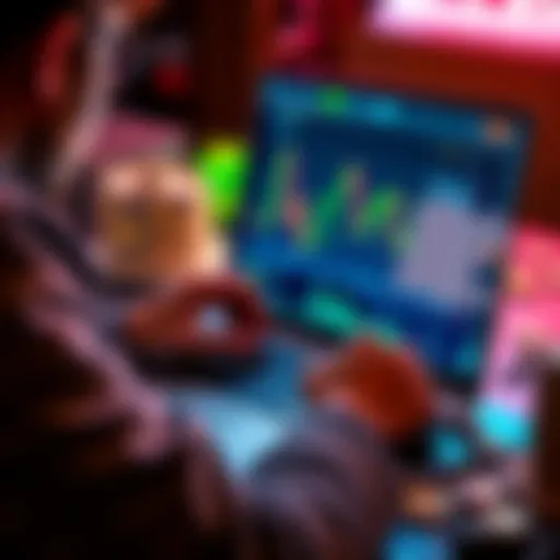 A person analyzing cryptocurrency charts on a laptop with financial graphs and digital coins visible.