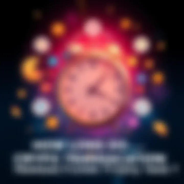 A digital illustration showing a clock symbolizing the speed of cryptocurrency transactions with various currency icons around it.