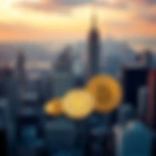 A graphic depicting cryptocurrency coins and a tax symbol overlay in front of New York City skyline