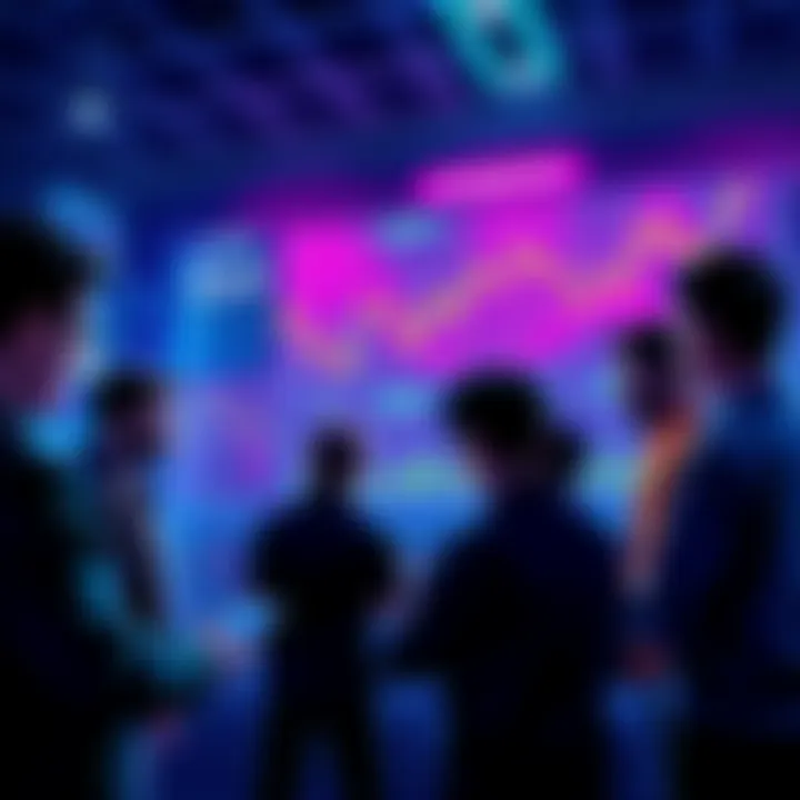 A group of people discussing cryptocurrency trends with charts and graphs visible on their devices