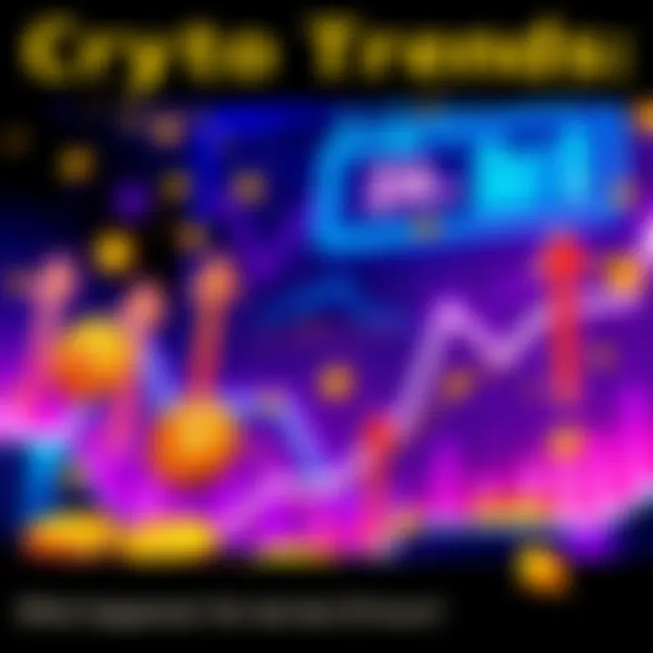 An illustration showing various cryptocurrency symbols with upward and downward arrows to indicate market movements in the last 24 hours.