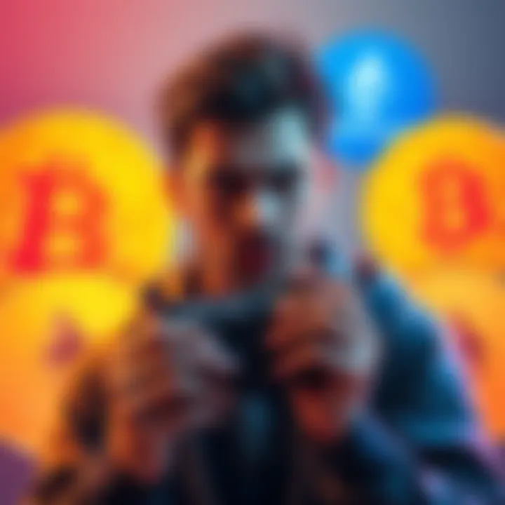 Frustrated investor with crypto wallet A person looking worried while holding a Nano S wallet, with Bitcoin and Ethereum logos in the background