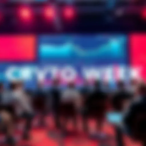 A group of experts discussing the future of cryptocurrency at an event, with charts and graphs displayed behind them, indicating market trends.