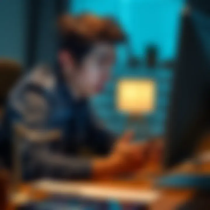 A frustrated individual sitting at a computer, looking at a blocked crypto account, with a worried expression, holding a phone to seek legal help.