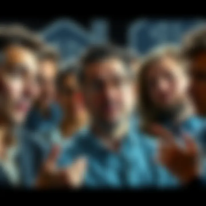 A group of people discussing cryptocurrency with mixed emotions on their faces, some looking skeptical while others appear optimistic.