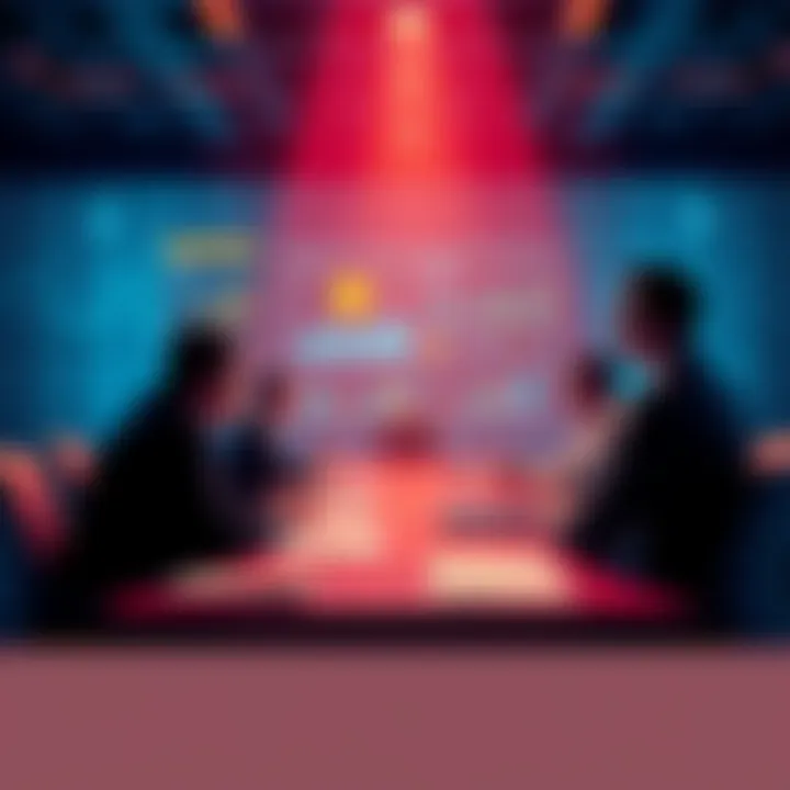 A group of people engaging in a debate about Cardano, Bitcoin, and XRP, with charts and graphs displayed on a table.
