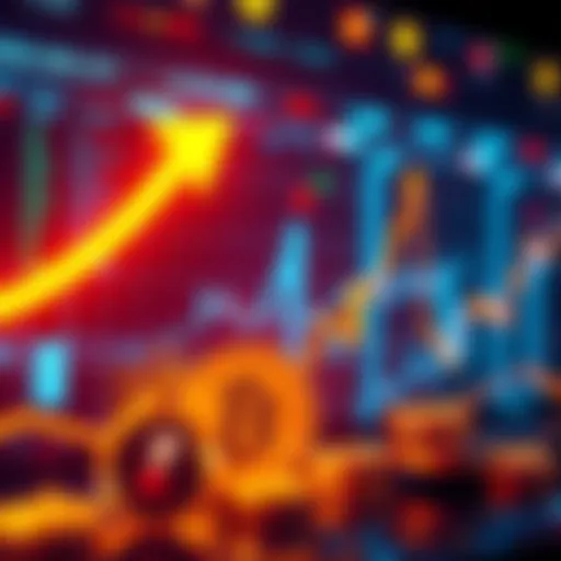 A graphic showing a significant rise in cryptocurrency trading volume and price, with arrows indicating growth and a representation of digital currency.