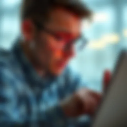 A person examining a digital currency graphic on a laptop while looking concerned about financial risks and scams.