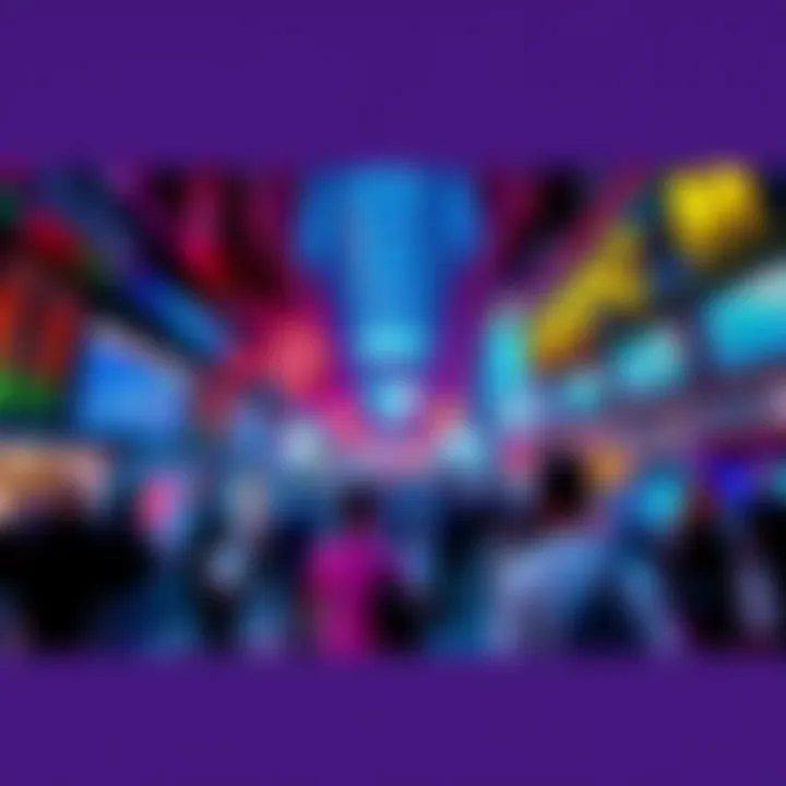 A bustling market scene with people looking at digital screens showing cryptocurrency charts and data.