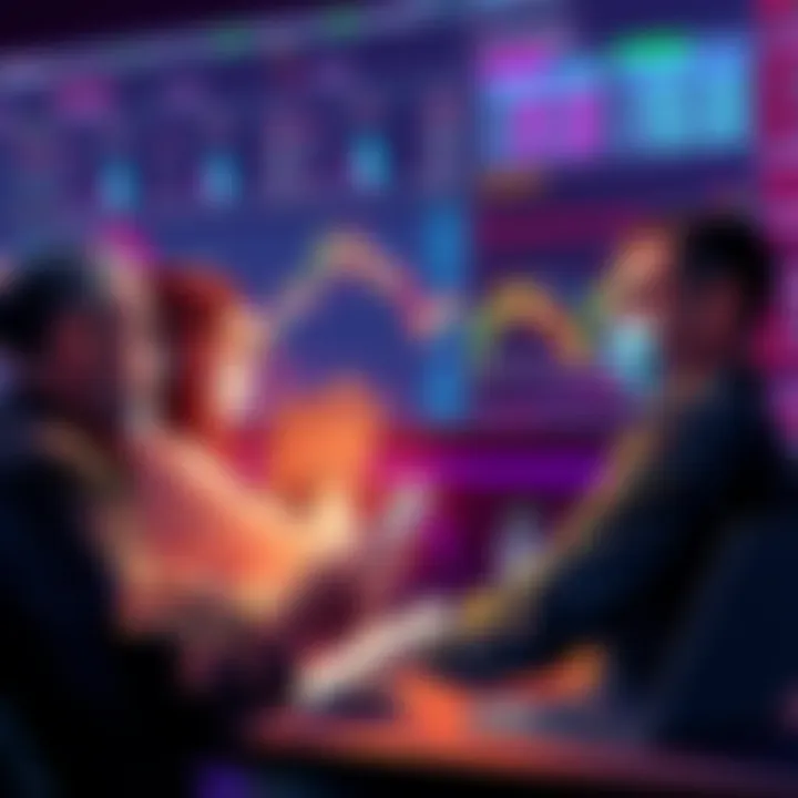 Traders discussing their favorite cryptocurrencies on Bitmart with charts and graphs in the background