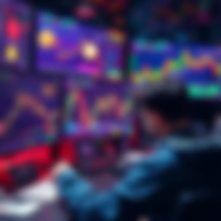 A trader analyzing cryptocurrency charts on multiple screens with digital currencies displayed