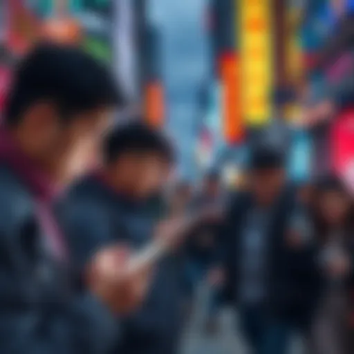People using smartphones for cryptocurrency transactions in a busy urban setting