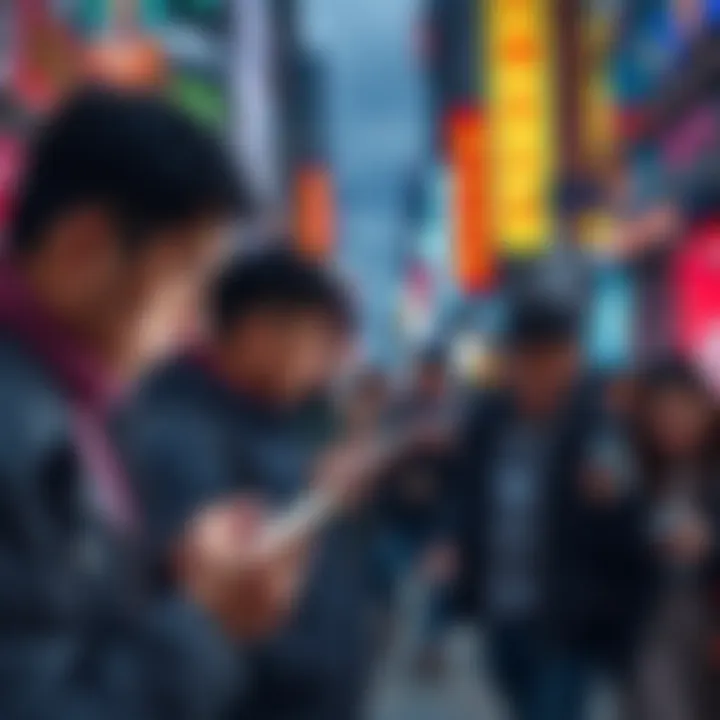 Cryptocurrency Transactions in Daily Life People using smartphones for cryptocurrency transactions in a busy urban setting