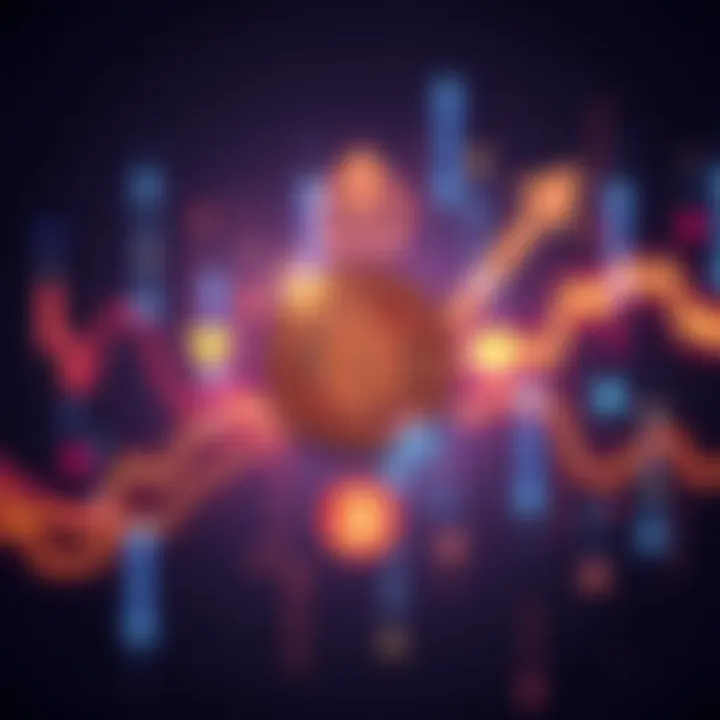 Cryptocurrency Trends Graphic A visual representation of cryptocurrency trends with arrows showing fluctuations and a Bitcoin symbol in the center.