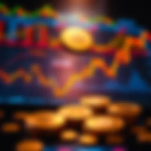 A graphic showing fluctuating cryptocurrency prices on a digital chart with coins in the background.