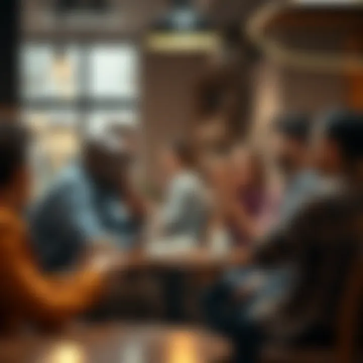 A diverse group of people discussing and sharing ideas about PLOT over coffee in a cozy café setting.