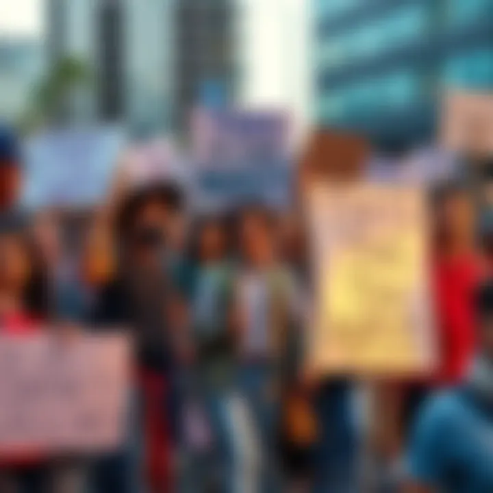 Diverse group of people participating in a rally for 'This Is the Way' movement, holding signs and banners promoting social change.