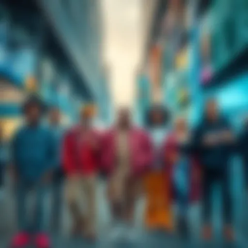 A group of diverse people expressing individuality and confidence, showcasing unique styles and talents in a vibrant urban setting.