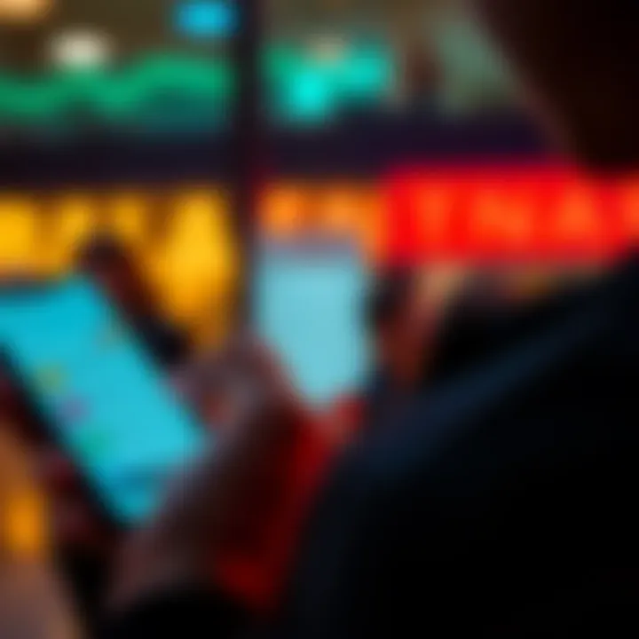 A person scrolling through financial app options on a smartphone, with currency symbols displayed on the screen.