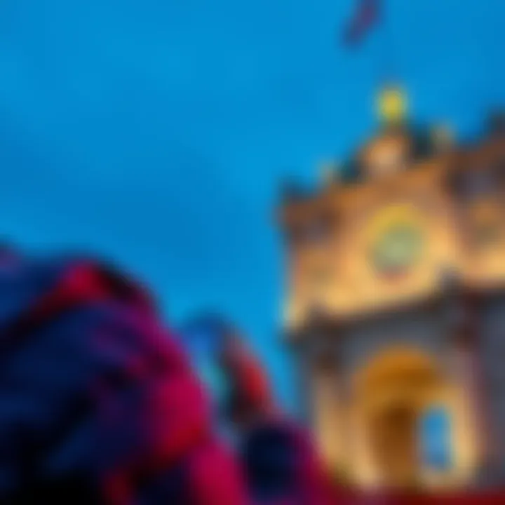 A person using the Revolut app on their smartphone while standing in front of a European landmark, contemplating currency conversion.