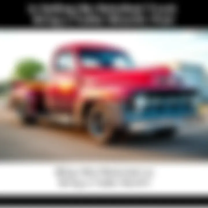 A classic truck that has been fully restored, parked and ready for sale, showcasing its new paint and polished features.