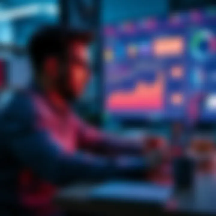 A person working on a laptop, exploring e-commerce CMS options with charts and online shopping visuals around them