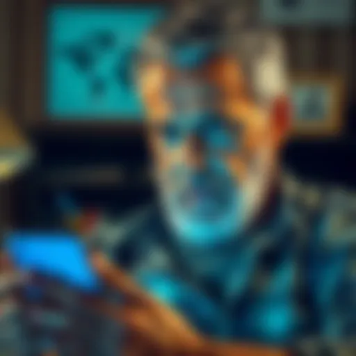 A concerned dad reading a message on his phone, showing signs of worry about a possible scam.