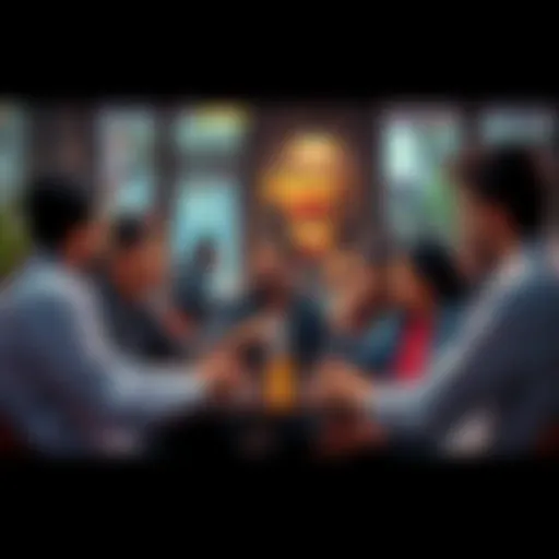 A diverse group of people chatting over coffee, discussing various topics including cryptocurrency and community initiatives