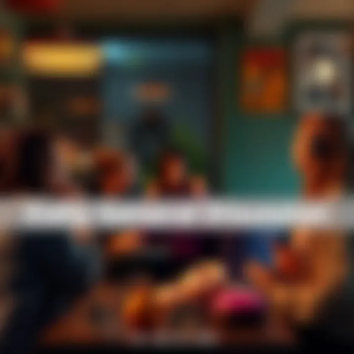 A group of people chatting in a cozy setting, with donuts on a table
