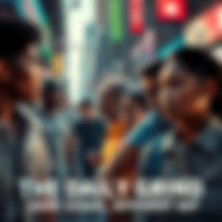 People going through daily routines A diverse group of people facing daily challenges in a bustling city, showcasing perseverance and determination.