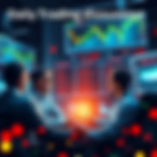 A group of traders discussing strategies and analysis, with charts and graphs in the background.