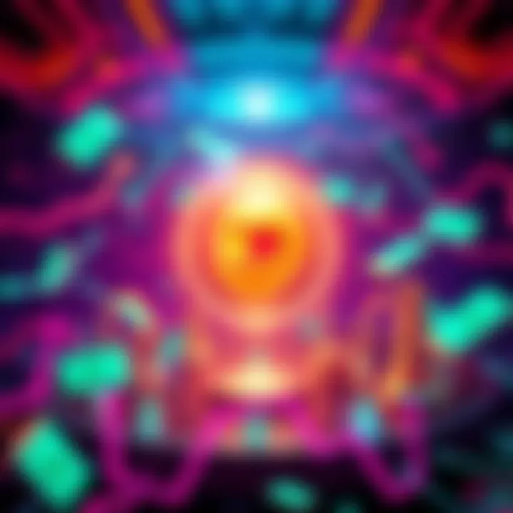 Illustration of Dash cryptocurrency logo with digital cash symbols in a futuristic setting.