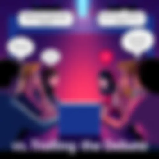 A group of people engaged in an animated debate, expressing various opinions about online interactions and motivations, with speech bubbles showing contrasting views.
