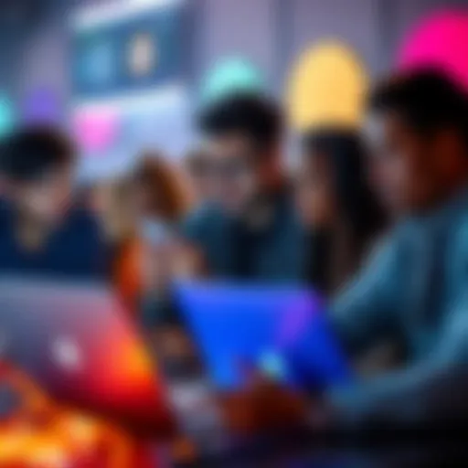 A group of people passionately discussing cryptocurrency, with laptops and phones, showing polarized opinions on the topic.