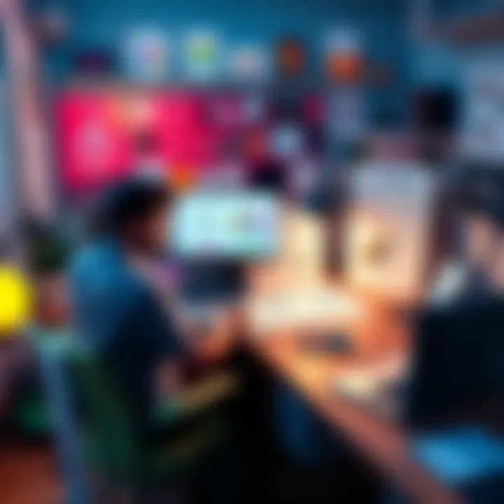 A designer working at a desk with sketches of logos and websites for crypto projects, surrounded by digital tools and a laptop