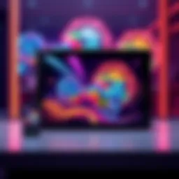A modern digital frame showcasing colorful NFT artwork on an e-paper display with a mobile app interface beside it.