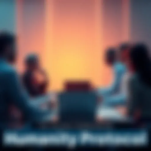 A group of people sitting around a table, looking puzzled while discussing Humanity Protocol, with papers and a laptop in front of them.