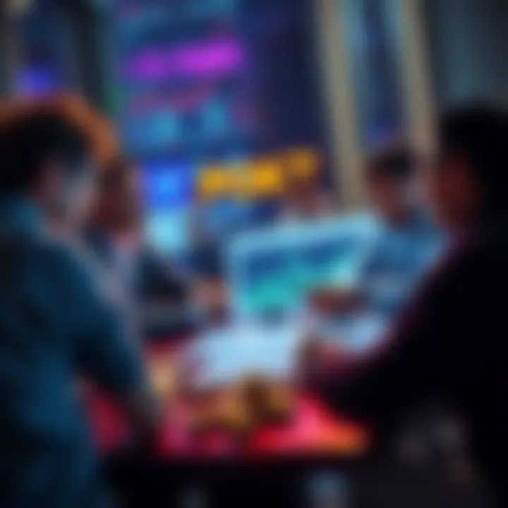 A group of people discussing the future of POKT tokens, with charts and graphs on a table showing price trends and adoption strategies.