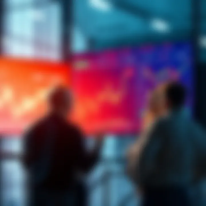 A group of people engaged in a lively discussion about market trends and trading strategies, with graphs and charts displayed on a screen.