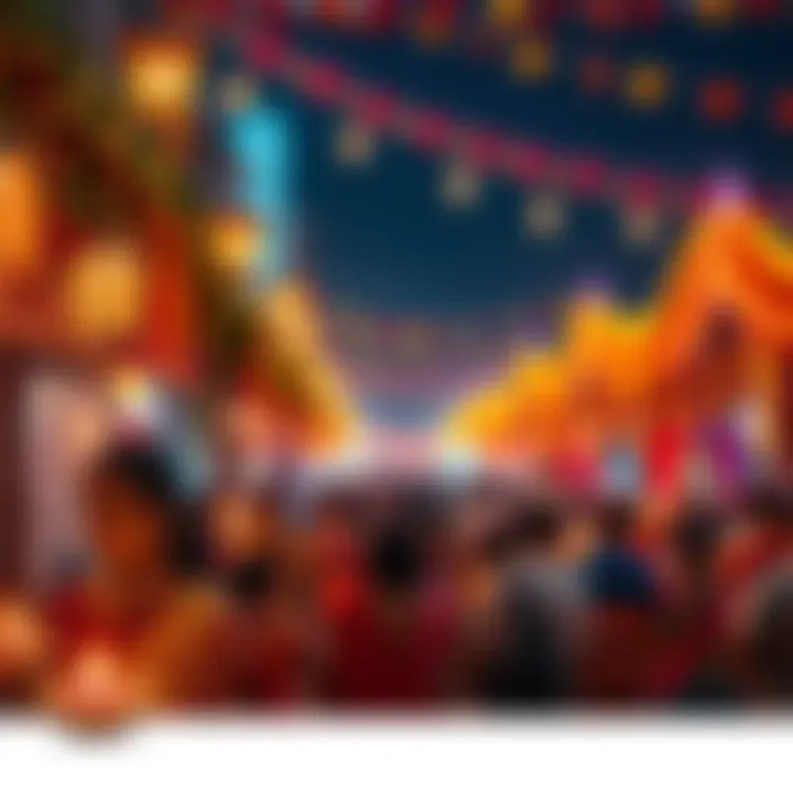 Diwali celebration with lights and flowers People celebrating Diwali with colorful lights and flower decorations, creating a festive atmosphere