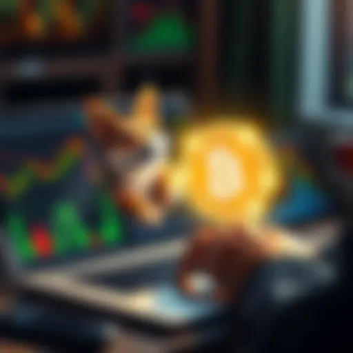 A person analyzing DOGE coin trends on a laptop with charts and graphs