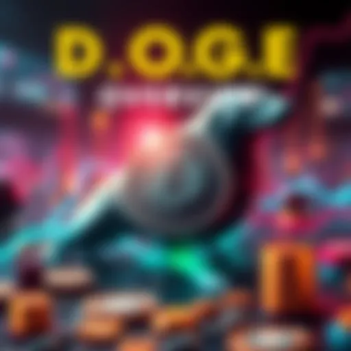 A graphic representation of D.O.G.E. cryptocurrency with symbols and elements showing its significance in the crypto market.